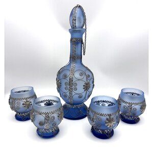 Vtg  Blue Frosted Glass Decanter Liqueur Boho Silver Overlay 4 Cordial Cups Gree